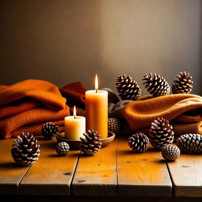 Burning Candles with Pine Cones