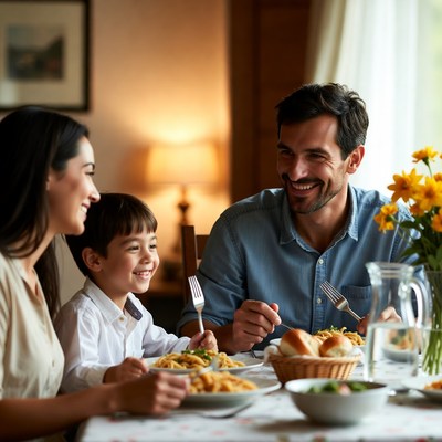 Family eating spaghetti dinner together