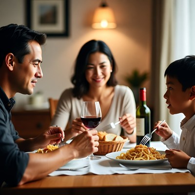Asian family eating dinner together