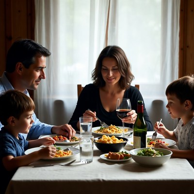 Family eating pasta dinner at table