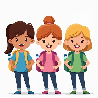 Three cartoon girls with backpacks