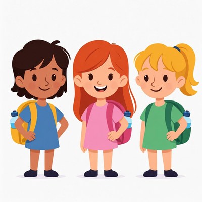 Three cartoon girls with backpacks
