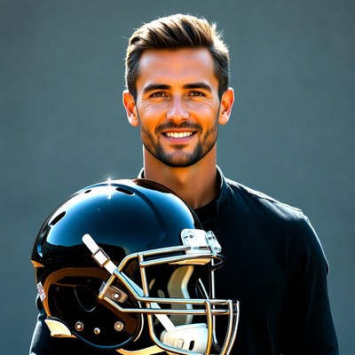 Handsome man holding black football helmet