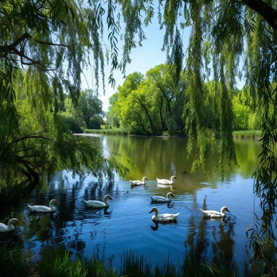 White ducks swimming in lake under willow trees