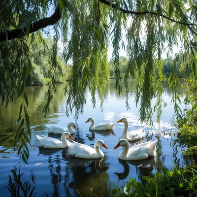 Swans Swimming Under Weeping Willow