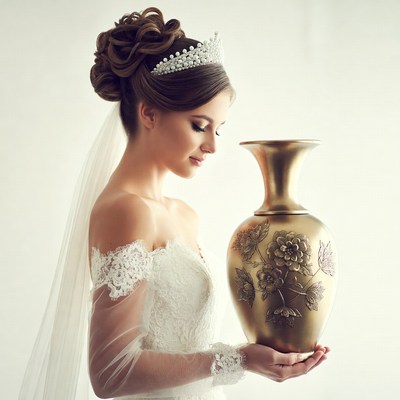 Bride holding golden vase