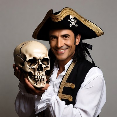 Pirate man holding skull