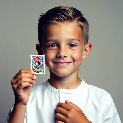 Boy holding colorful flower bird stamp