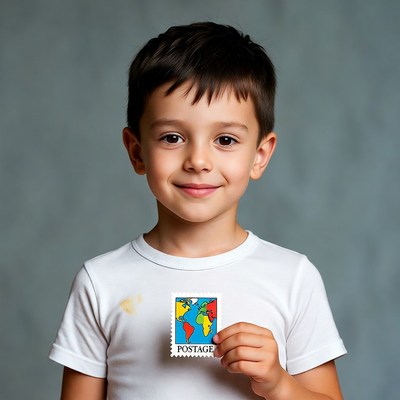 Boy holding world stamp