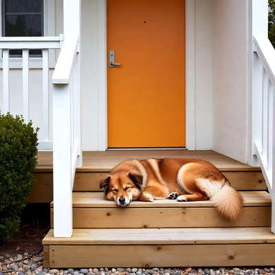 Dog sleeping on porch steps