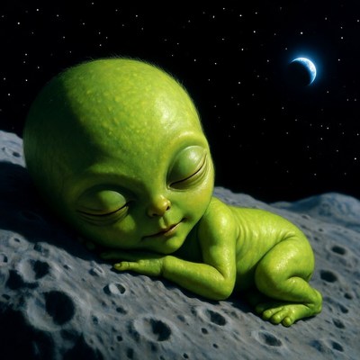 Sleeping green alien baby on moon