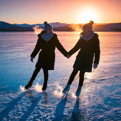 Two girls ice skating at sunset