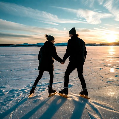 Couple ice skating on frozen lake at sunset