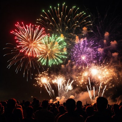 Colorful Fireworks Over Crowd Silhouettes