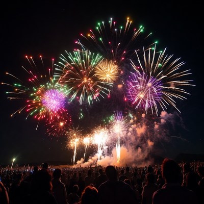 Crowd watching colorful fireworks display