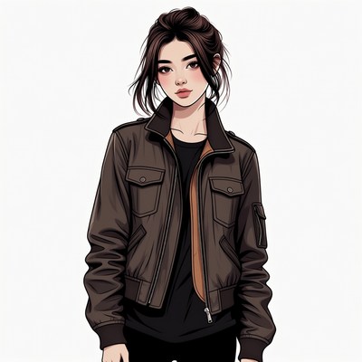 Asian woman in brown leather jacket