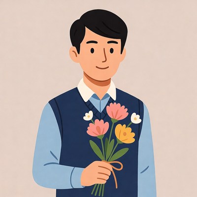 Asian man holding flowers