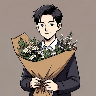 Anime man holding flower bouquet