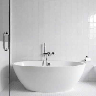 White Freestanding Bathtub in Tiled Bathroom