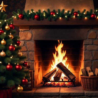 Cozy Christmas Fireplace with Tree