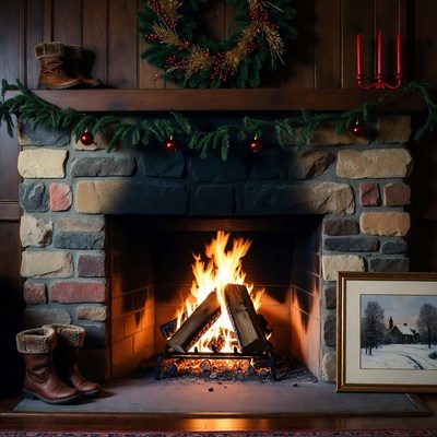 Cozy Christmas Fireplace with Garland