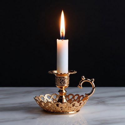 Lit White Candle in Gold Candlestick