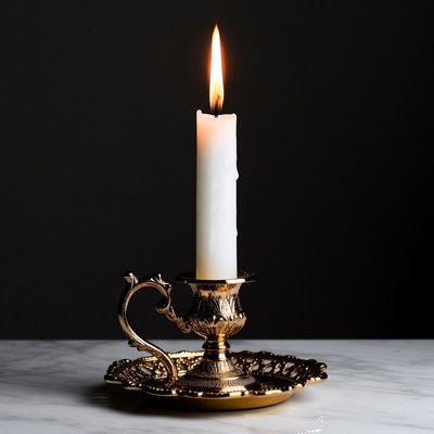 Burning Candle in Gold Candlestick