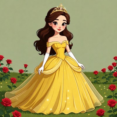 Belle in yellow gown with roses