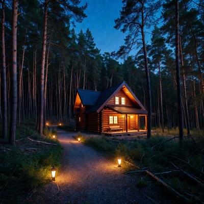 Cozy Log Cabin in Night Forest