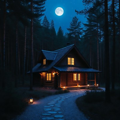 Log cabin in moonlit forest