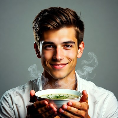 Young man holding steaming soup bowl