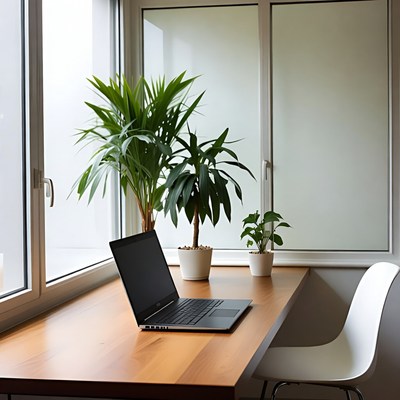 Laptop on Desk by Window with Plants