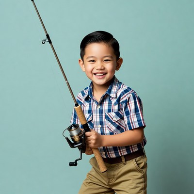 Asian boy holding fishing rod