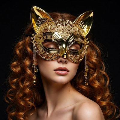 Woman wearing golden cat mask