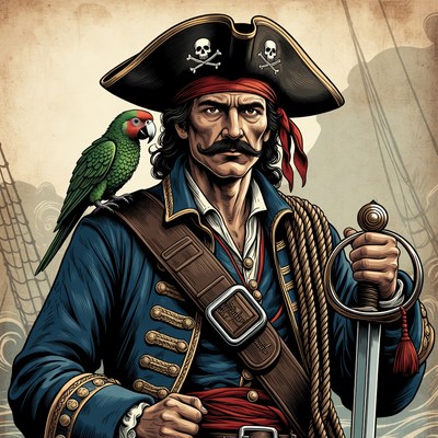 Pirate man with parrot and sword