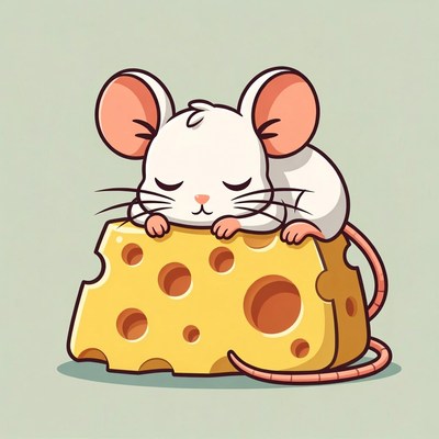 Cute white mouse sleeping on cheese