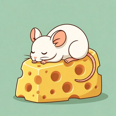 Sleeping white mouse on cheese