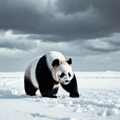 Panda walking in snowy landscape