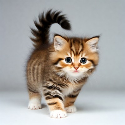 Tabby kitten walking with curly tail