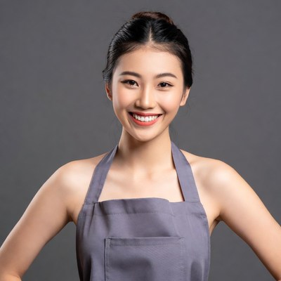 Asian woman wearing gray apron