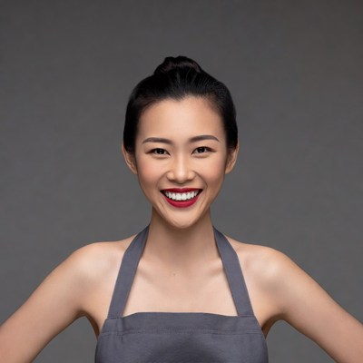 Asian woman smiling in gray apron