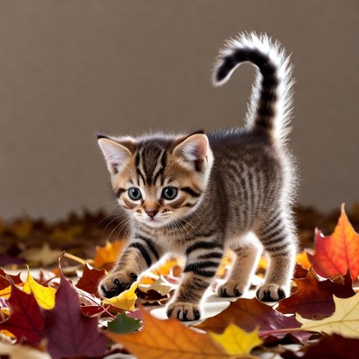 Kitten playing in autumn leaves