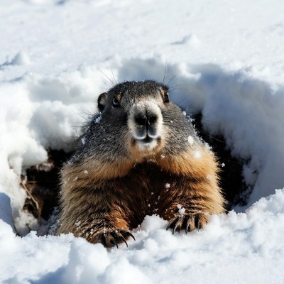 Groundhog peeking from snow burrow