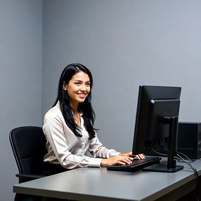 Smiling woman working at office computer
