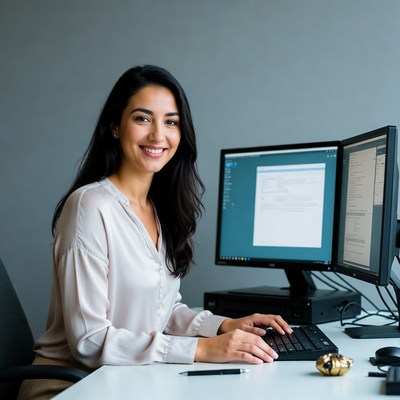 Smiling woman working on dual monitors