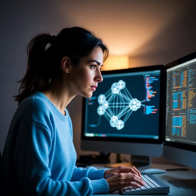 Woman coding on dual monitors at night