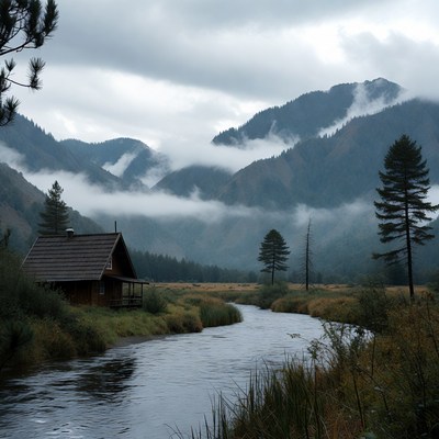 Cabin by River in Misty Mountains