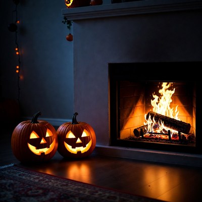Jack-o-lanterns by cozy fireplace