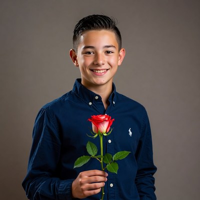 Boy holding red rose