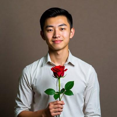 Asian man holding red rose
